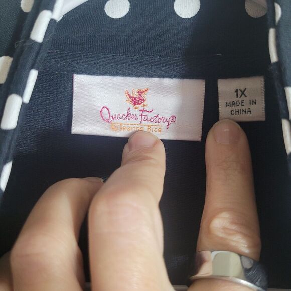 Quacker Factory Polka Dot Snap Button Top Womens Size 1X Black Mock Neck Pockets - Picture 7 of 9